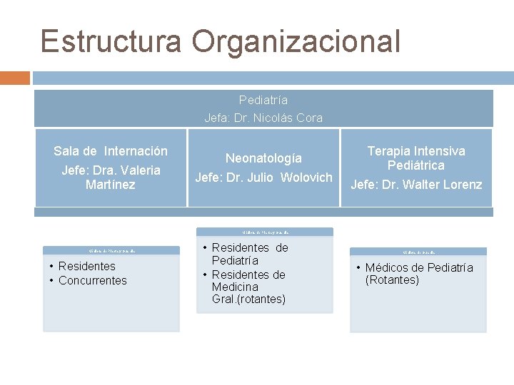 Estructura Organizacional Pediatría Jefa: Dr. Nicolás Cora Sala de Internación Jefe: Dra. Valeria Martínez