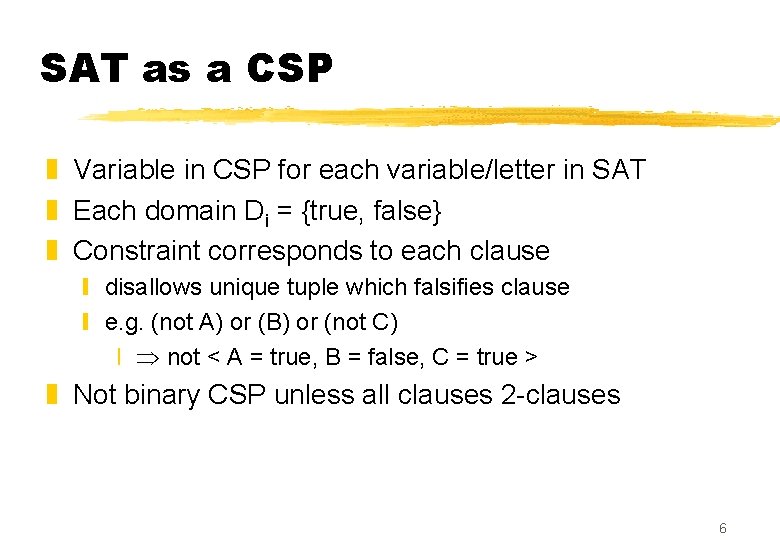 SAT as a CSP z Variable in CSP for each variable/letter in SAT z