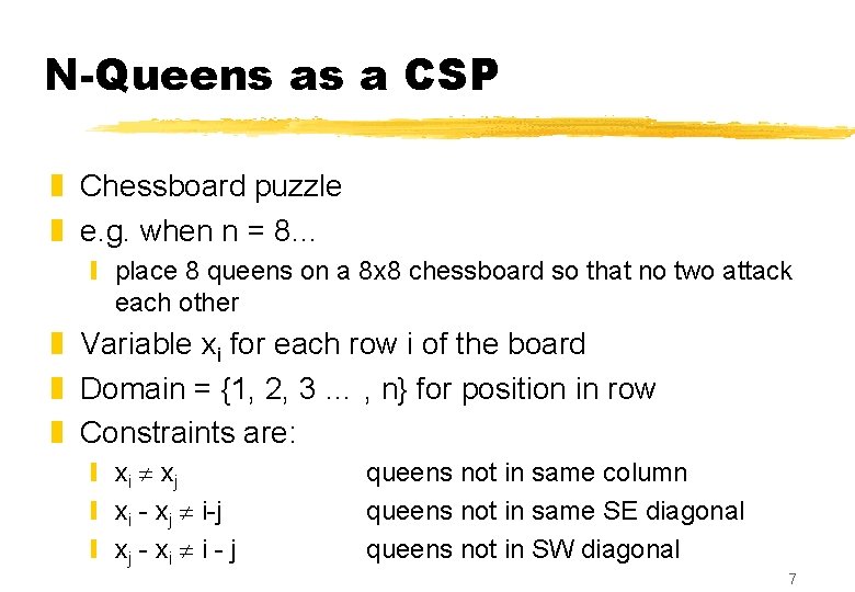 N-Queens as a CSP z Chessboard puzzle z e. g. when n = 8…