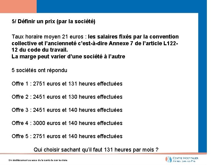 5/ Définir un prix (par la société) Taux horaire moyen 21 euros : les