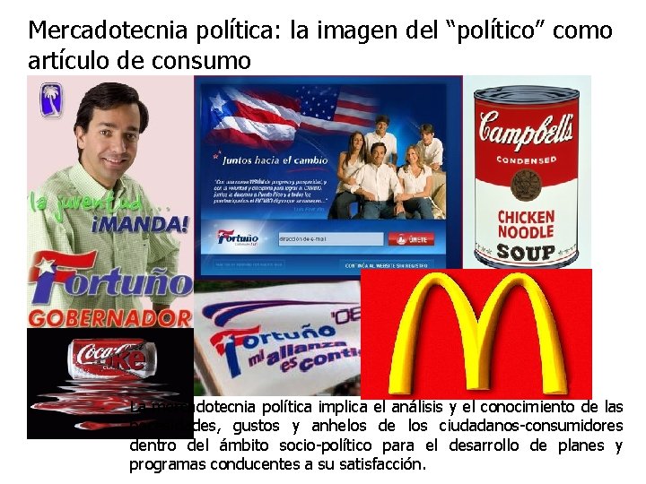 Mercadotecnia política: la imagen del “político” como artículo de consumo La mercadotecnia política implica