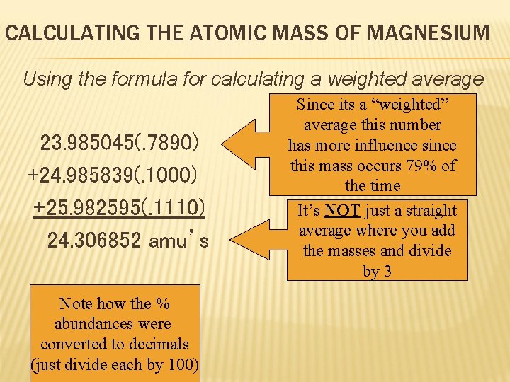 CALCULATING THE ATOMIC MASS OF MAGNESIUM Using the formula for calculating a weighted average