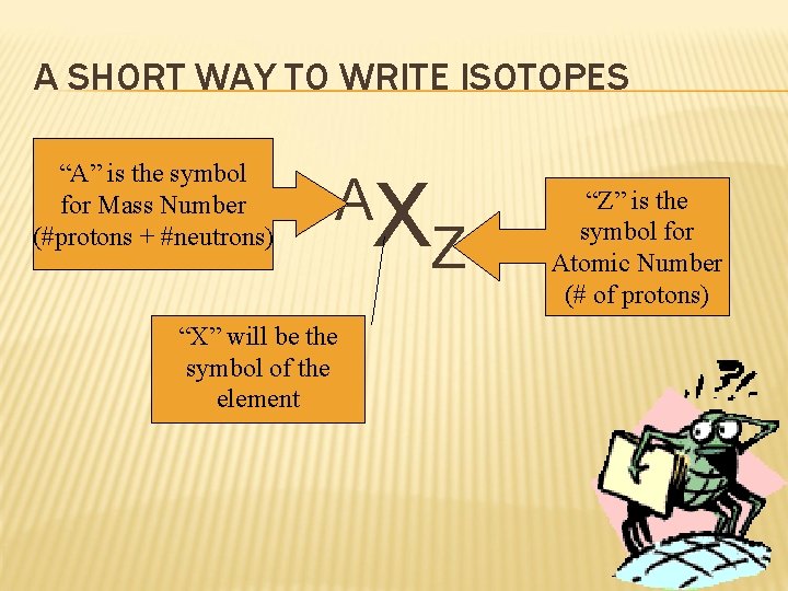 A SHORT WAY TO WRITE ISOTOPES “A” is the symbol for Mass Number (#protons