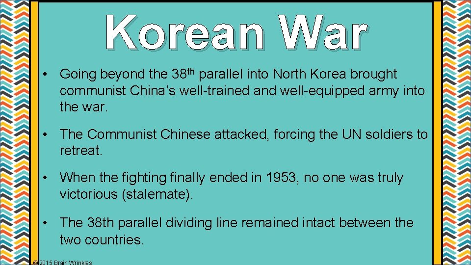Korean War • Going beyond the 38 th parallel into North Korea brought communist Korean War • Going beyond the 38 th parallel into North Korea brought communist