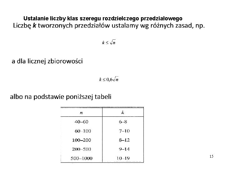 Ustalanie liczby klas szeregu rozdzielczego przedziałowego 15 