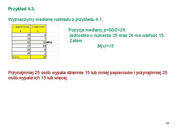 Przykład 4. 3. Wyznaczymy medianę rozkładu z przykładu 4. 1. Pozycja mediany p=50/2=25. Jednostka