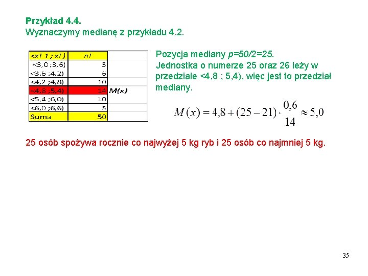 Przykład 4. 4. Wyznaczymy medianę z przykładu 4. 2. Pozycja mediany p=50/2=25. Jednostka o