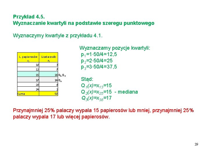 Przykład 4. 5. Wyznaczanie kwartyli na podstawie szeregu punktowego Wyznaczymy kwartyle z przykładu 4.