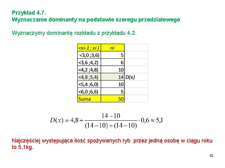 Przykład 4. 7. Wyznaczanie dominanty na podstawie szeregu przedziałowego Wyznaczymy dominantę rozkładu z przykładu