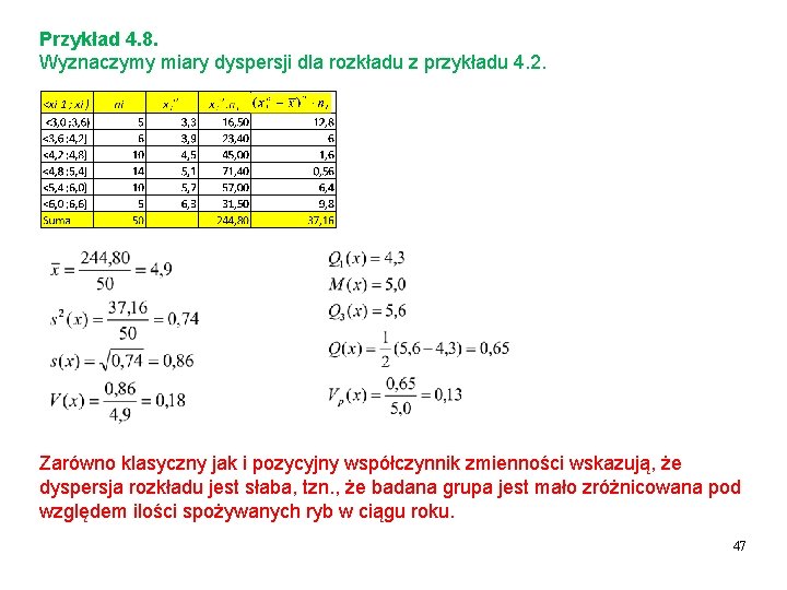 Przykład 4. 8. Wyznaczymy miary dyspersji dla rozkładu z przykładu 4. 2. Zarówno klasyczny