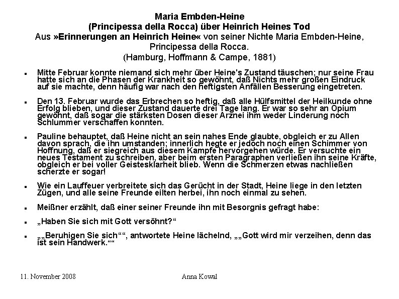Maria Embden-Heine (Principessa della Rocca) über Heinrich Heines Tod Aus » Erinnerungen an Heinrich