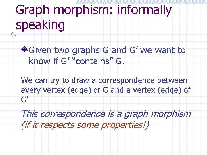 Graph morphism: informally speaking Given two graphs G and G’ we want to know