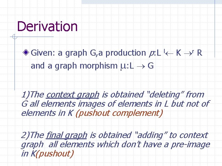 Derivation Given: a graph G, a production p: L l K r R and