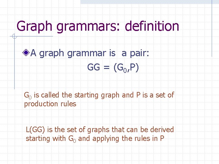 Graph grammars: definition A graph grammar is a pair: GG = (G 0, P)