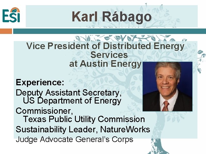 Karl Rábago Vice President of Distributed Energy Services at Austin Energy Experience: Deputy Assistant Karl Rábago Vice President of Distributed Energy Services at Austin Energy Experience: Deputy Assistant
