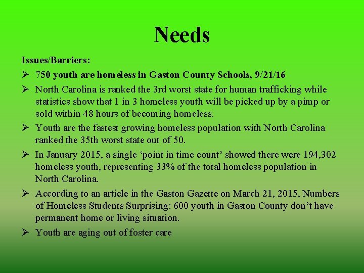 Needs Issues/Barriers: Ø 750 youth are homeless in Gaston County Schools, 9/21/16 Ø North