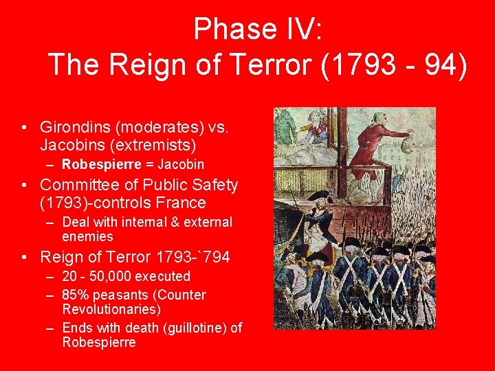 Phase IV: The Reign of Terror (1793 - 94) • Girondins (moderates) vs. Jacobins Phase IV: The Reign of Terror (1793 - 94) • Girondins (moderates) vs. Jacobins