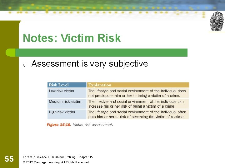 Notes: Victim Risk o 55 Assessment is very subjective Forensic Science II: Criminal Profiling,