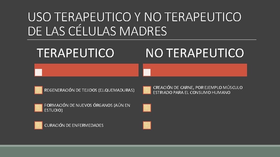 USO TERAPEUTICO Y NO TERAPEUTICO DE LAS CÉLULAS MADRES TERAPEUTICO REGENERACIÓN DE TEJIDOS (EJ.