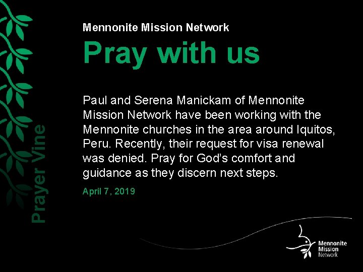 Mennonite Mission Network Prayer Vine Pray with us Paul and Serena Manickam of Mennonite