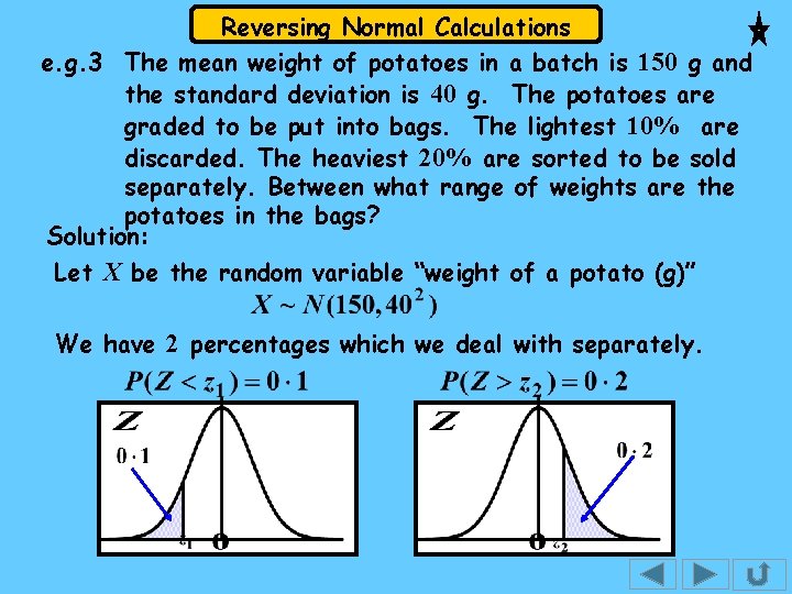 Reversing Normal Calculations e. g. 3 The mean weight of potatoes in a batch Reversing Normal Calculations e. g. 3 The mean weight of potatoes in a batch