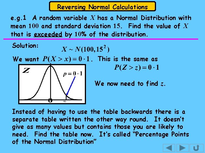 Reversing Normal Calculations e. g. 1 A random variable X has a Normal Distribution Reversing Normal Calculations e. g. 1 A random variable X has a Normal Distribution
