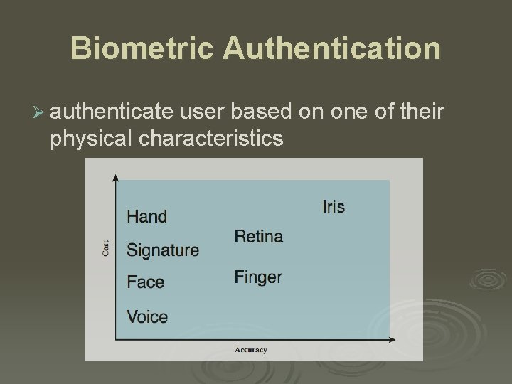 Biometric Authentication Ø authenticate user based on one of their physical characteristics 