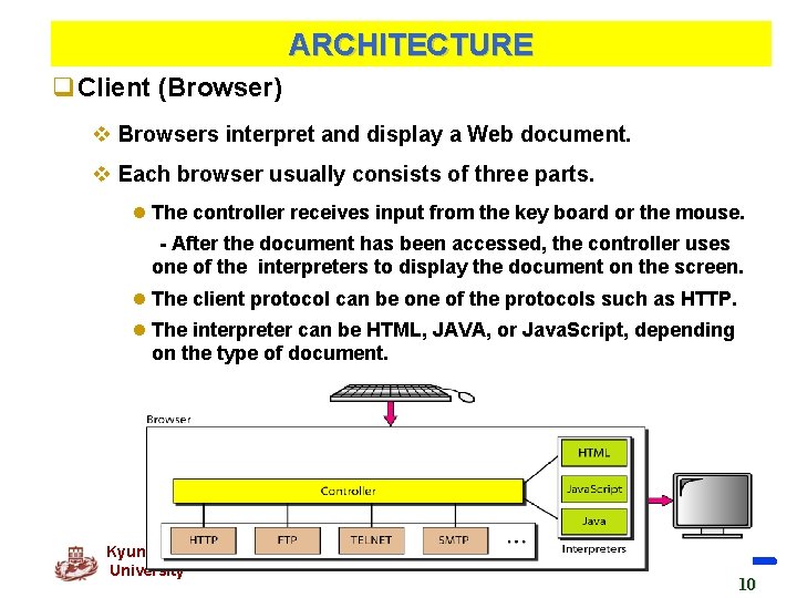 ARCHITECTURE q. Client (Browser) v Browsers interpret and display a Web document. v Each