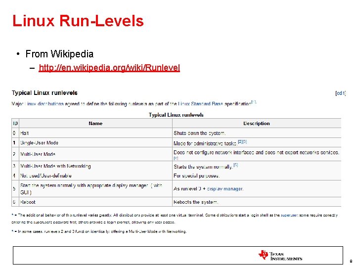 Linux Run-Levels • From Wikipedia – http: //en. wikipedia. org/wiki/Runlevel 8 