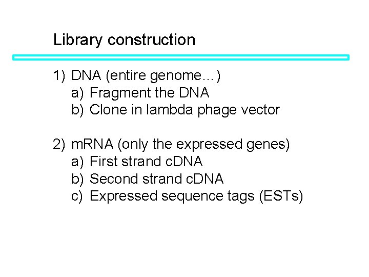 Library construction 1) DNA (entire genome…) a) Fragment the DNA b) Clone in lambda Library construction 1) DNA (entire genome…) a) Fragment the DNA b) Clone in lambda