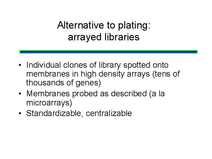 Alternative to plating: arrayed libraries • Individual clones of library spotted onto membranes in Alternative to plating: arrayed libraries • Individual clones of library spotted onto membranes in