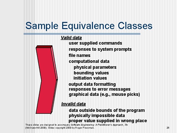 Sample Equivalence Classes Valid data user supplied commands responses to system prompts file names