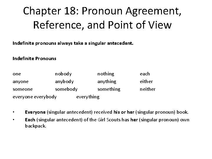 Chapter 18: Pronoun Agreement, Reference, and Point of View Indefinite pronouns always take a