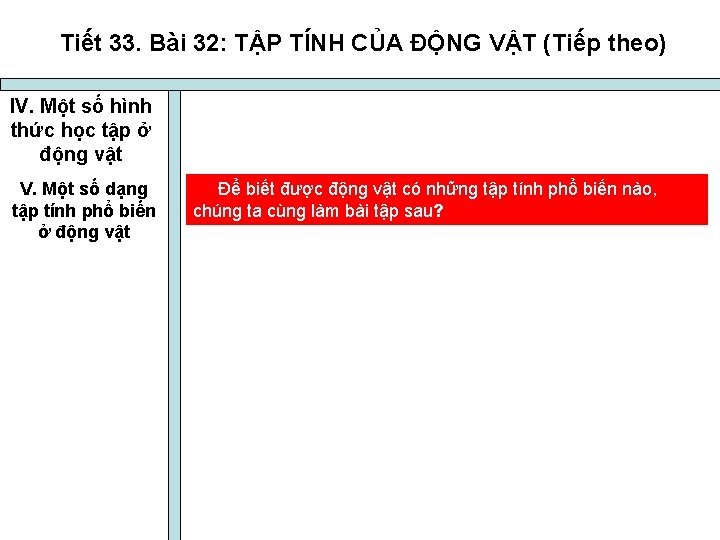 Tiết 33. Bài 32: TẬP TÍNH CỦA ĐỘNG VẬT (Tiếp theo) IV. Một số