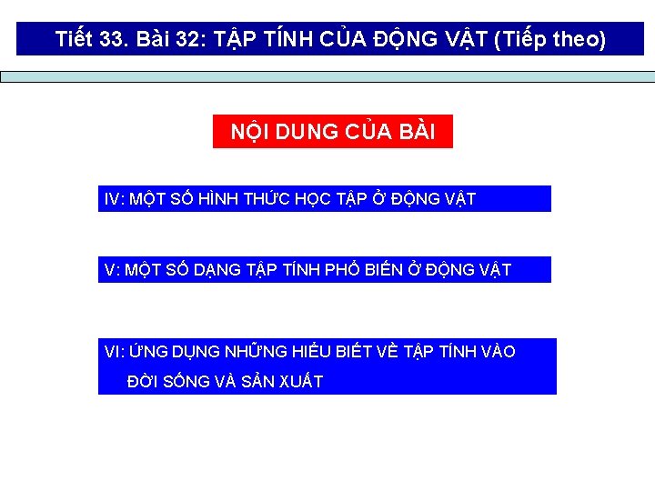 Tiết 33. Bài 32: TẬP TÍNH CỦA ĐỘNG VẬT (Tiếp theo) NỘI DUNG CỦA