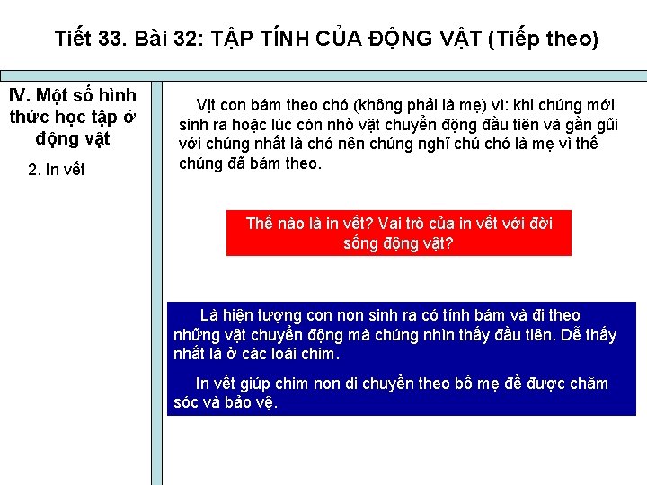 Tiết 33. Bài 32: TẬP TÍNH CỦA ĐỘNG VẬT (Tiếp theo) IV. Một số