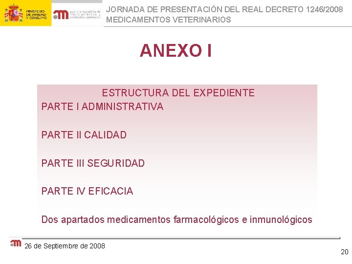 JORNADA DE PRESENTACIÓN DEL REAL DECRETO 1246/2008 MEDICAMENTOS VETERINARIOS ANEXO I ESTRUCTURA DEL EXPEDIENTE