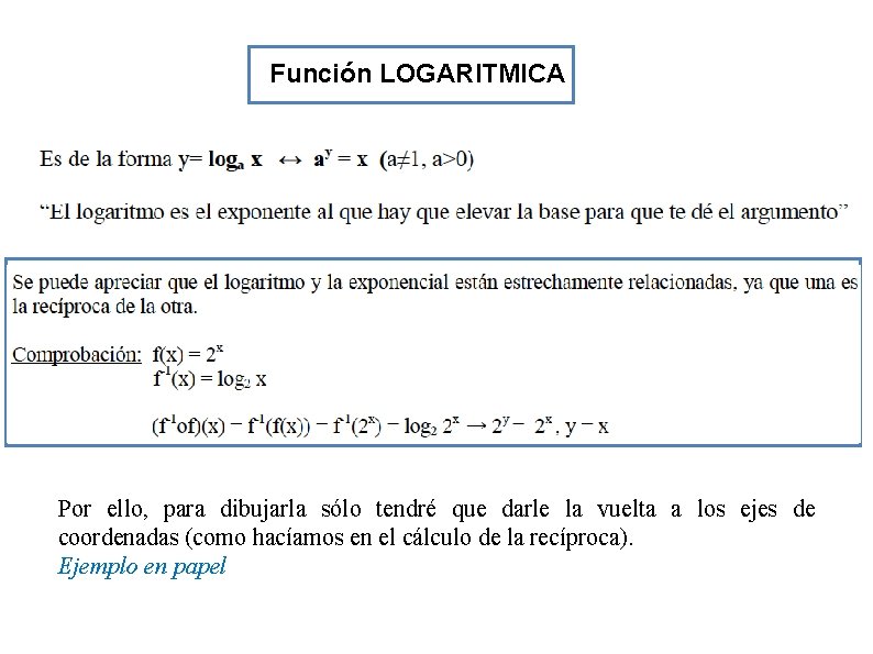 Función LOGARITMICA Por ello, para dibujarla sólo tendré que darle la vuelta a los Función LOGARITMICA Por ello, para dibujarla sólo tendré que darle la vuelta a los
