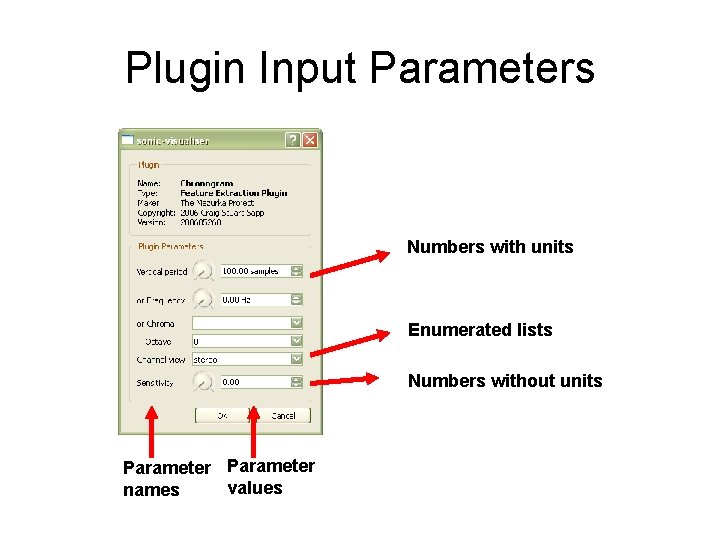 Plugin Input Parameters Numbers with units Enumerated lists Numbers without units Parameter values names