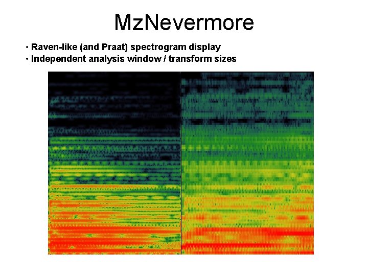 Mz. Nevermore • Raven-like (and Praat) spectrogram display • Independent analysis window / transform