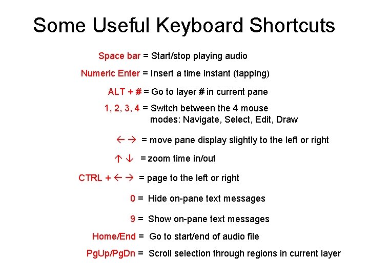 Some Useful Keyboard Shortcuts Space bar = Start/stop playing audio Numeric Enter = Insert