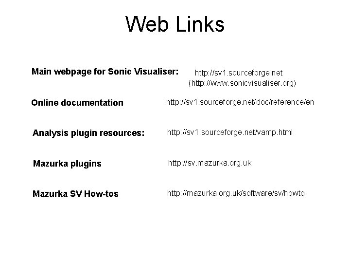 Web Links Main webpage for Sonic Visualiser: http: //sv 1. sourceforge. net (http: //www.