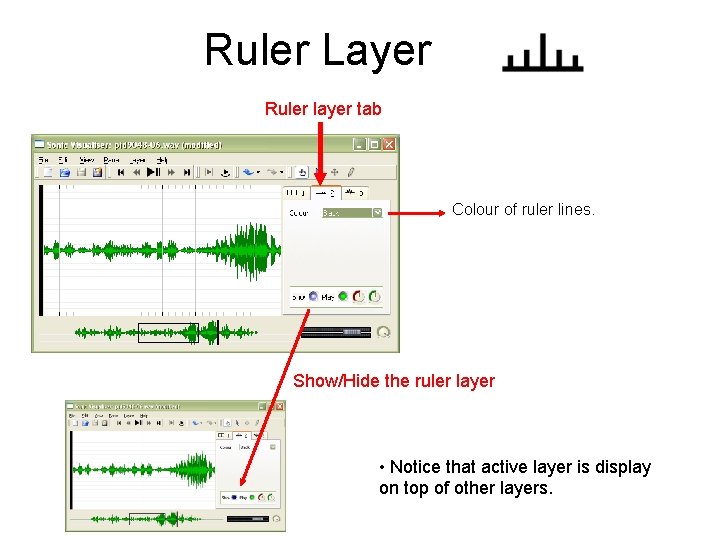 Ruler Layer . Ruler layer tab Colour of ruler lines. Show/Hide the ruler layer