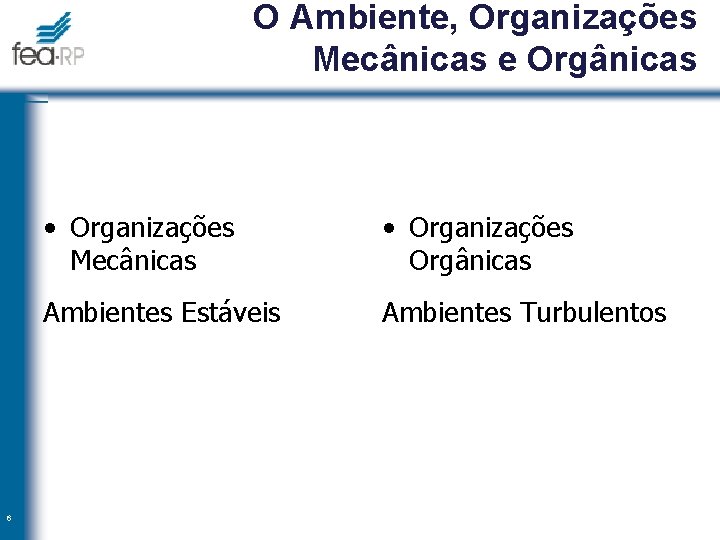O Ambiente, Organizações Mecânicas e Orgânicas 6 • Organizações Mecânicas • Organizações Orgânicas Ambientes