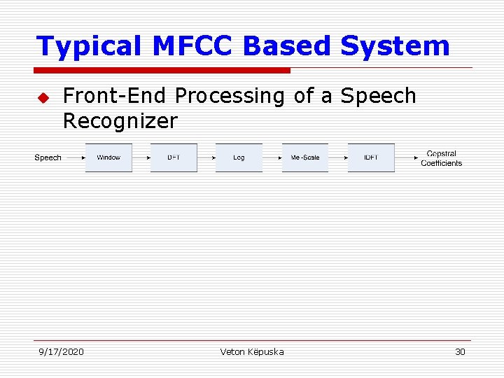 Typical MFCC Based System u Front-End Processing of a Speech Recognizer 9/17/2020 Veton Këpuska
