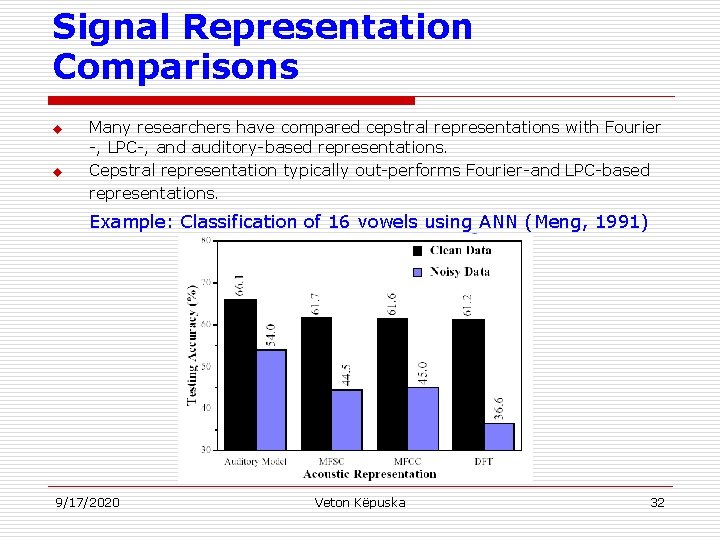 Signal Representation Comparisons u u Many researchers have compared cepstral representations with Fourier -,