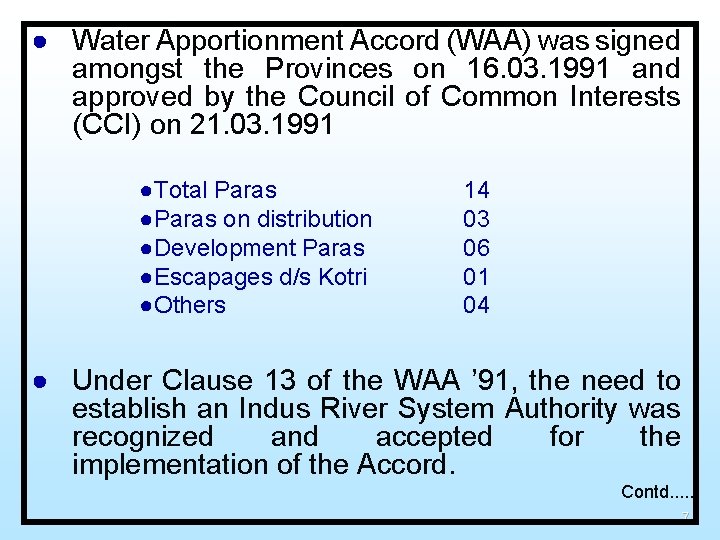 ● Water Apportionment Accord (WAA) was signed amongst the Provinces on 16. 03. 1991