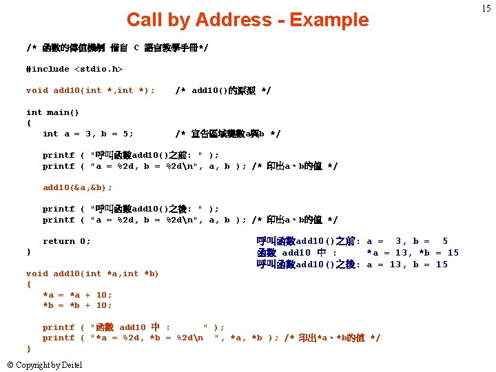 Call by Address - Example /* 函數的傳值機制 借自 C 語言教學手冊*/ #include <stdio. h> void Call by Address - Example /* 函數的傳值機制 借自 C 語言教學手冊*/ #include <stdio. h> void