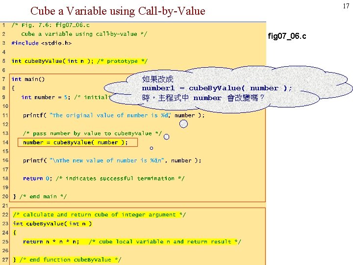 17 Cube a Variable using Call-by-Value fig 07_06. c 如果改成 number 1 = cube. 17 Cube a Variable using Call-by-Value fig 07_06. c 如果改成 number 1 = cube.