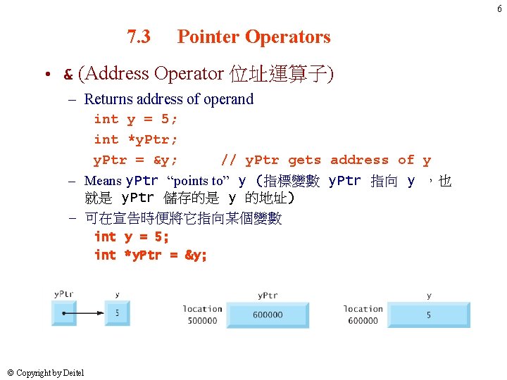 6 7. 3 Pointer Operators • & (Address Operator 位址運算子) – Returns address of 6 7. 3 Pointer Operators • & (Address Operator 位址運算子) – Returns address of